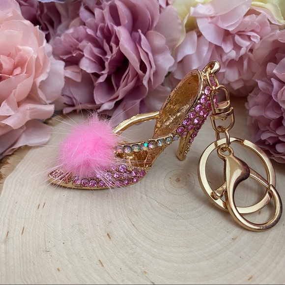 Pink Crystal High Heel Sandal with Pink Pom Pom Keychain Charm - Picture 2 of 11
